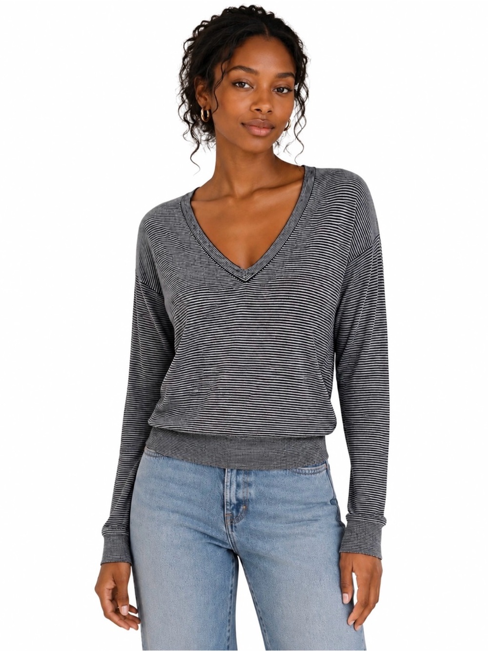 Theory Striped V-Neck Pullover, Navy